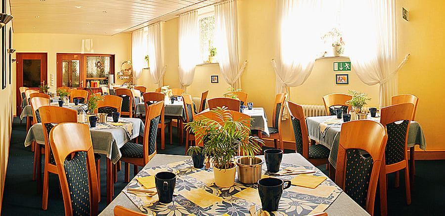 Lichtdurchfluteter Frühstücksraum mit gedeckten Tischen und Pflanzen auf den Tischen 